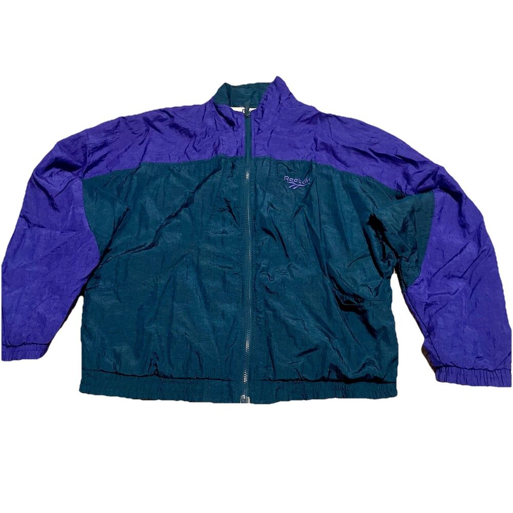 Vintage Reebok Womens Medium Green Purple Windbreaker Track Jacket 90s Colorful